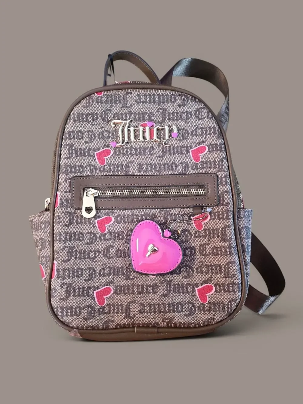 Juicy Couture Brown Gothic Monogram Mini Backpack Pink Hearts Y2K